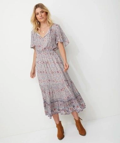 SHORT SLV BOHO MIDI DRESS
