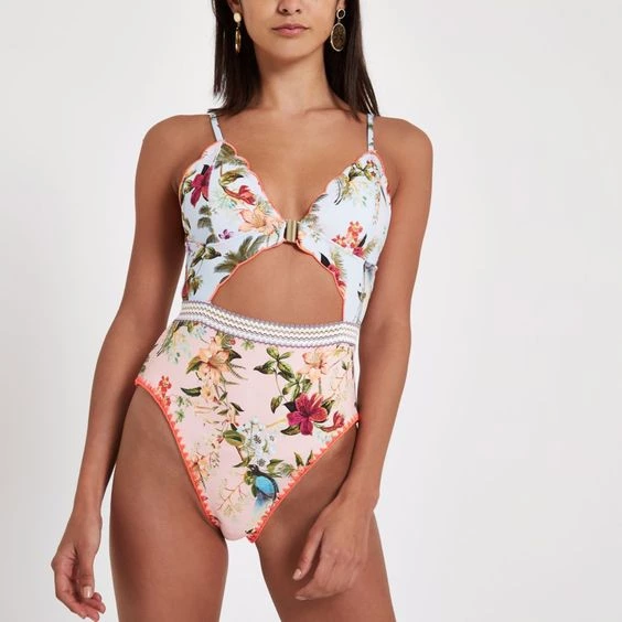 Blue Floral Scallop Cut Out Swimsuit