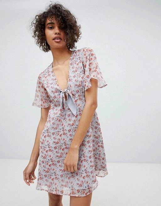 Neon Rose | Neon Rose Tie Front Tea Dress In Vintage Floral