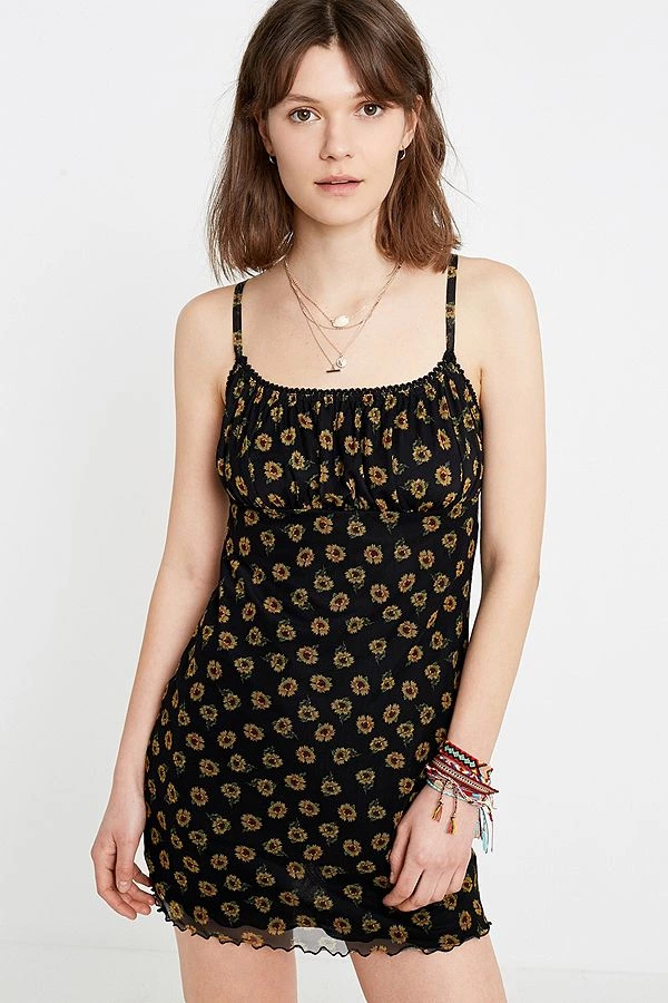 Slide View: 1: UO Sabrina Sunflower Print Mesh Mini Dress