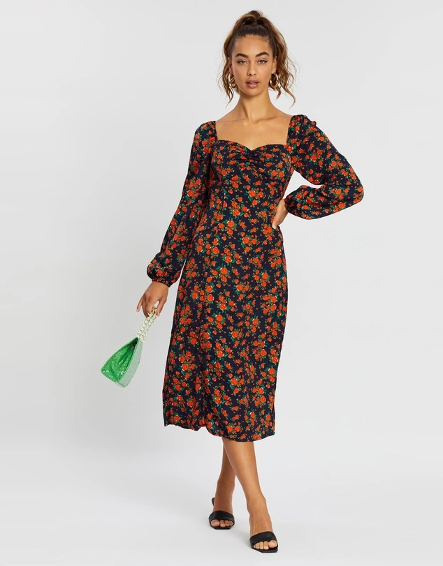 Missguided - Milkmaid Long Sleeve Floral Midi Dress